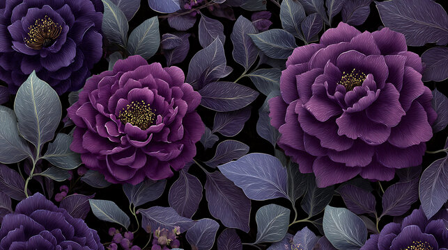 Dark purple floral pattern with dimensional peonies and intricate foliage background