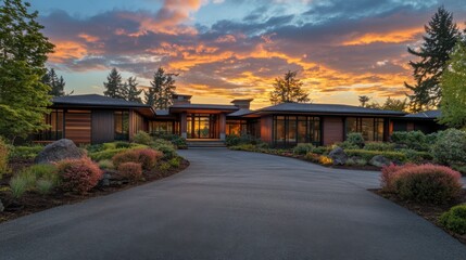 Obraz premium Modern Luxury Home Exterior at Golden Hour Sunset