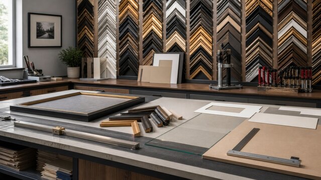 Workshop for framing pictures with various materials and tools set on a table in a space with different styles of frames in the background
