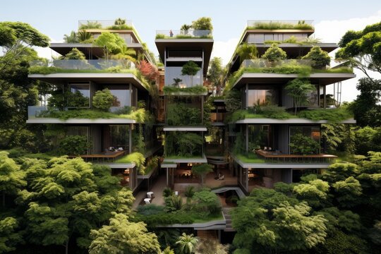 Architecture harmonizing with nature, featuring vertical gardens and lush green spaces