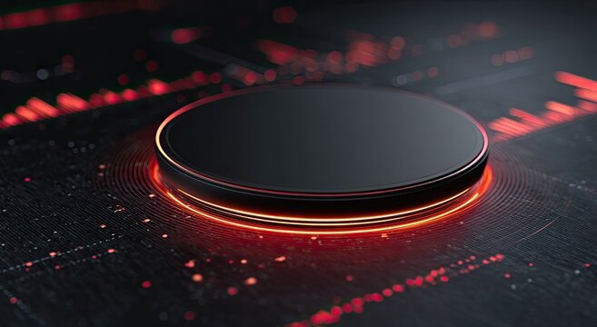 Futuristic circular platform with glowing red energy and digital circuit background