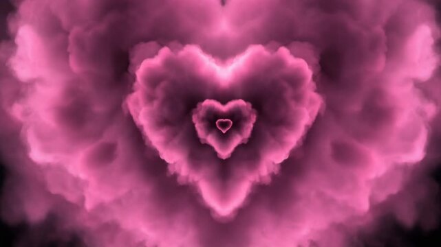 Abstract visualization of a dreamy pink heart tunnel, crafted from ethereal smoke and soft clouds, creating a romantic and mesmerizing fractal pattern of love