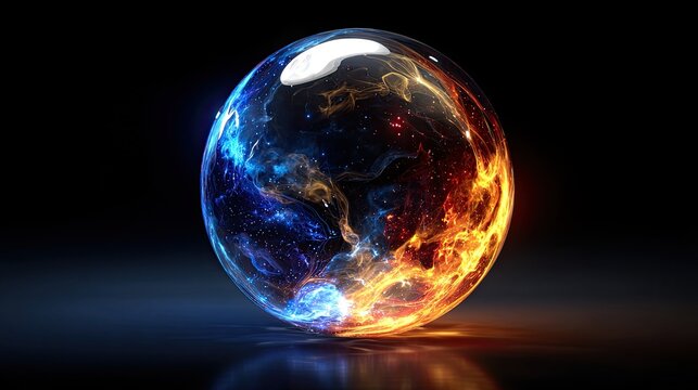 Glowing orb with fire and cosmic nebula swirling within