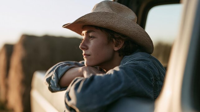 Young man wearing a straw hat and a denim jacket, sitting in the driver's seat of a car. he is looking out the window with a thoughtful expression on his face.