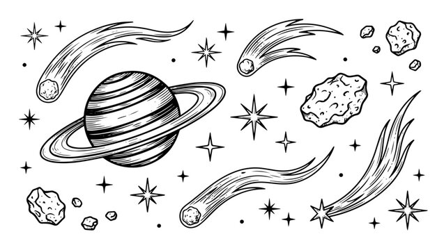 Vintage Celestial Space Elements Vector on PNG Background, space vector, celestial illustration, comet vector, astronomy design, saturn planet, asteroid illustration, stars vector, galaxy art, 