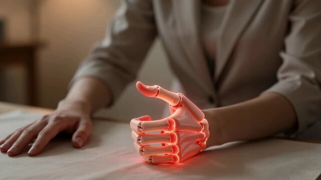 Futuristic Bionic Hand with Red Glow Moving Fingers on a Table, Scientist Testing Advanced Prosthetic Technology in a Modern Office Setting