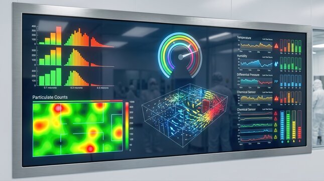 Medium shot of a digital dashboard with colorful alerts and statistical data visualizing contamination metrics to ensure strict cleanroom compliance and safety standards.