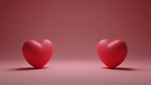 Two minimalist red hearts on a soft pink background, symbolizing love and romance