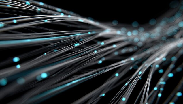 Abstract network of glowing strands and light points, digital flow