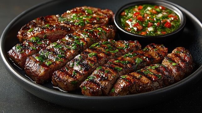 Grilled Steak Strips with Chimichurri Sauce on Black Plate