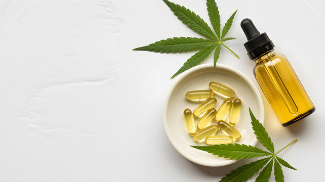 A bottle of CBD oil and capsules with cannabis leaves on a white surface