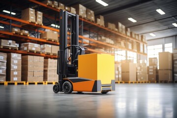 Fototapeta premium Forklift lifting a large box on concrete floor in a distribution center