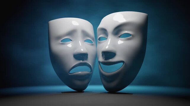 Dramatic 3D theatrical comedy and tragedy masks floating on a stage.Ideal for drama, acting, and performing arts themes.
