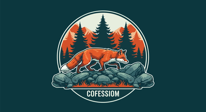 A vibrant illustration of a red fox walking on rocks.