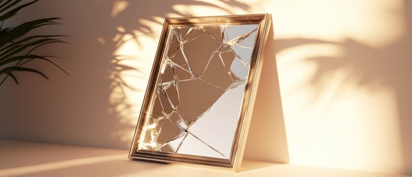 Shattered mirror reflection golden frame sunlight beige wall texture