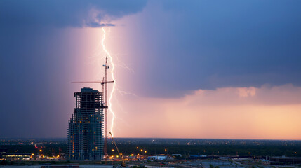 Fototapeta premium Dramatic lightning strike hitting the ground behind a high-rise building construction site at twilight, urban landscape with crane and beautiful sunset storm clouds.
