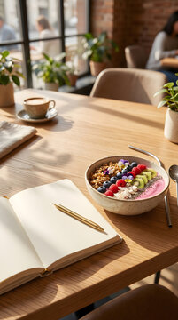 Healthy smoothie bowl breakfast beside notebook in cozy cafe sunlight