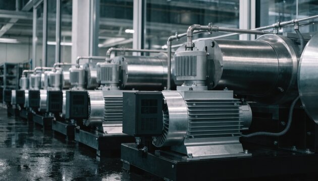 Detailed view of an oilfree air compressor unit assembly emphasizing the precise mounting of compact motors and control panels on skid bases in a hightech manufacturing setting.