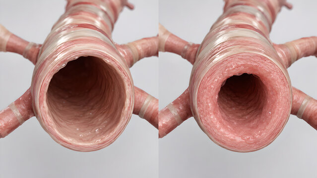 Bronchial Wall Thickening with Thin Mucus Film, Mild Luminal Narrowing, Realistic 3D Airway Anatomy, Medical Render, Natural Clinical Background