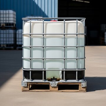 Large plastic water tank in a metal cage on a wooden pallet for industrial storage. ibc container