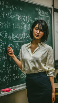 Femme scientifique devant un tableau noir couvert d&rsquo;&eacute;quations et de formules, craie &agrave; la main, sciences, math&eacute;matiques, physique, recherche, &eacute;ducation STEM et carri&egrave;re f&eacute;minine