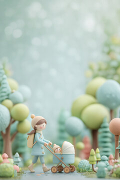 M&egrave;re avec b&eacute;b&eacute; en poussette dans une for&ecirc;t pastel, promenade familiale, maternit&eacute;, style stop motion 3D clay art, univers miniature kawaii, bokeh, espace n&eacute;gatif copyspace