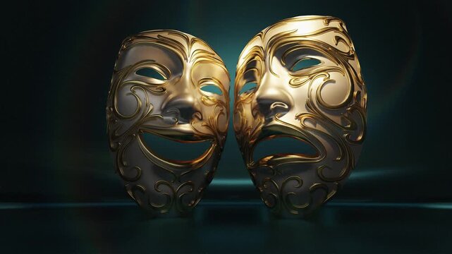 Classic gilded comedy and tragedy theater masks dramatically spotlit on a proscenium stage.