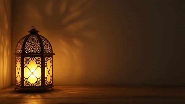 Enchanting traditional Middle Eastern lantern casting a warm, intricate glow and atmospheric shadows on a wall, perfect for serene festive and spiritual celebrations