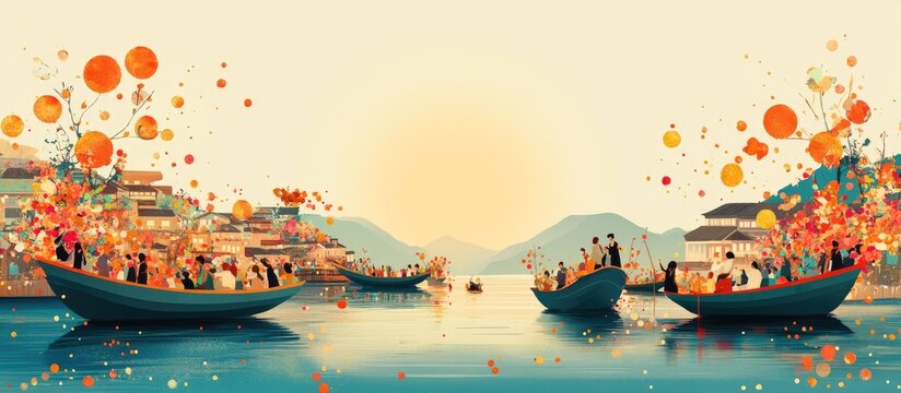 Festive Boats on River with Floating Lanterns and Traditional Architecture Landscape