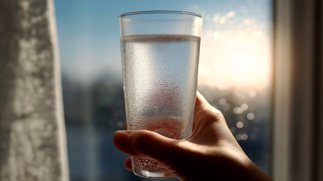 A hand holding a clear glass of cold refreshing water with condensation droplets against a bright morning window background, symbolizing health, hydration, and purity in daily life.