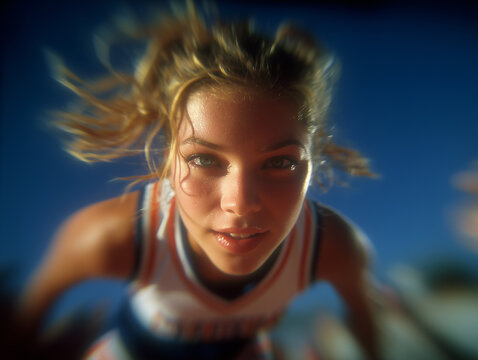 Cheerleader en gros plan vue en contre-plong&eacute;e, visage souriant, cheveux au vent, tenue sportive, &eacute;nergie, mouvement, performance, encouragement et ambiance de comp&eacute;tition