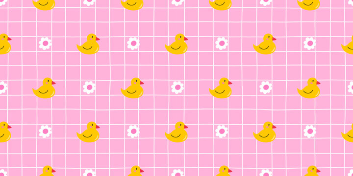 Easter checkered gingham art pattern with a seamless retro rubber texture and tiny duck shapes. This abstract background features a little yellow toy duck among cute lilac and pink flower motifs.