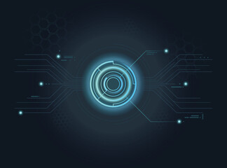 Obraz premium Futuristic blue HUD interface glowing central circular element, circuit board lines, and honeycomb patterns on a dark background