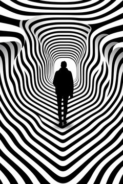 Silhouette humaine dans tunnel optique noir et blanc aux lignes ondul&eacute;es, illusion visuelle hypnotique avec perspective graphique pour abstraction, vertige, psychologie et fond psych&eacute;d&eacute;lique