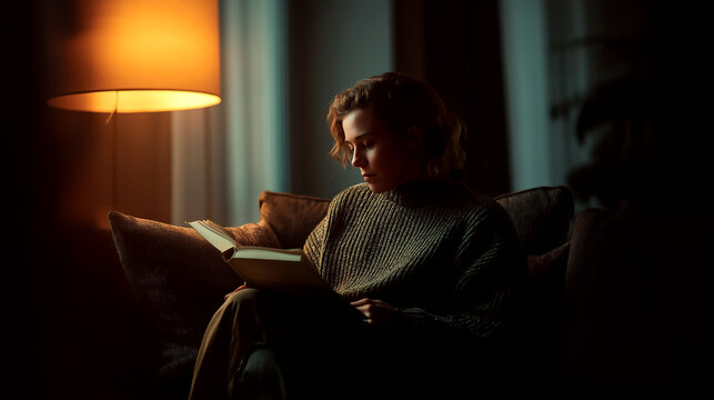 Close-up of a beautiful woman reading an interesting book in a dimly lit room with a warm lamp, focusing on leisure time, self-improvement, and quiet evening atmosphere.