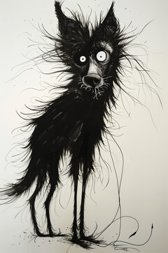 Cr&eacute;ature noire hirsute aux grands yeux ronds sur fond clair, personnage fantastique sombre et minimaliste pour halloween, fiction, conte &eacute;trange, univers gothique et imaginaire