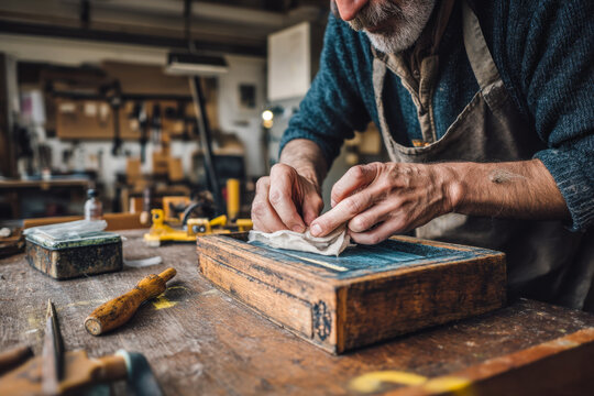 Woodworker Sanding Box in Craft Workshop for Handmade Furniture Marketing