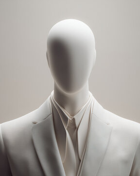 Mannequin sans visage en tailleur blanc avec chemise drap&eacute;e, portrait mode minimaliste pour &eacute;l&eacute;gance, vitrine, showroom, couture, pr&eacute;sentation textile et collection de mode