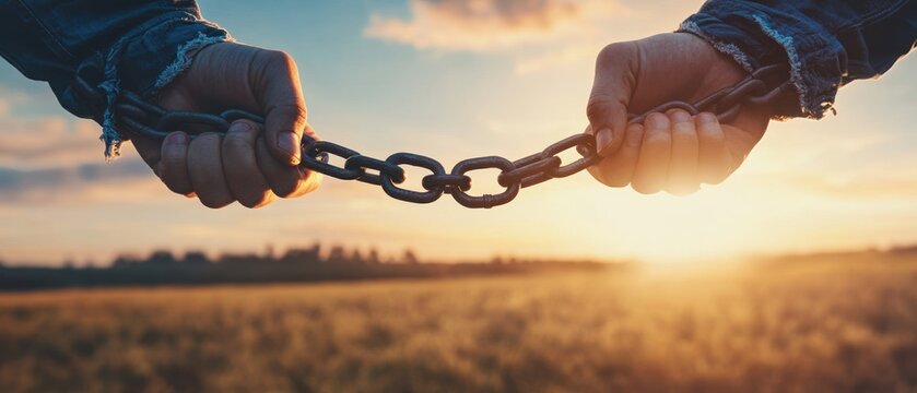 Sunset freedom hands breaking chains in golden field
