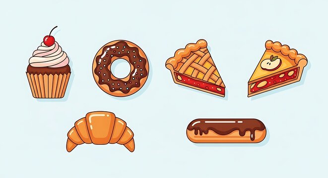 Bakery treats feature a cupcake, donut, pie slices, croissant and chocolate cake.