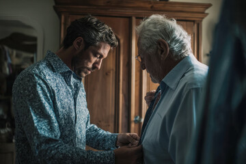 Obraz premium Caregiver Assisting Senior Man With Dressing for Home Care Service Marketing