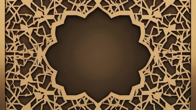 Luxurious golden geometric arabesque pattern on a deep brown background, perfect for elegant invitations, festive greetings, or decorative wall art frames, reflecting rich cultural design