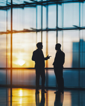 Business Silhouettes in Glass Office for Corporate Negotiation and Partnership Marketing