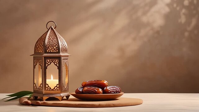 Ramadan lantern and dates, traditional Islamic holy month decoration with soft ambient light and natural elements