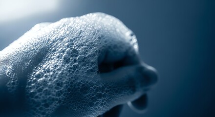 Fototapeta premium Close-up of foamy hand with bubbles, washing, hygiene, clean, blue background