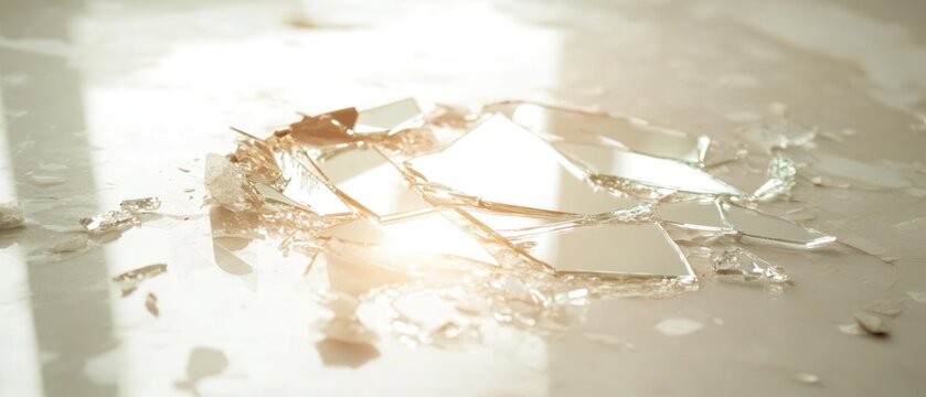 Shattered mirror reflection abstract glass fragments on light background