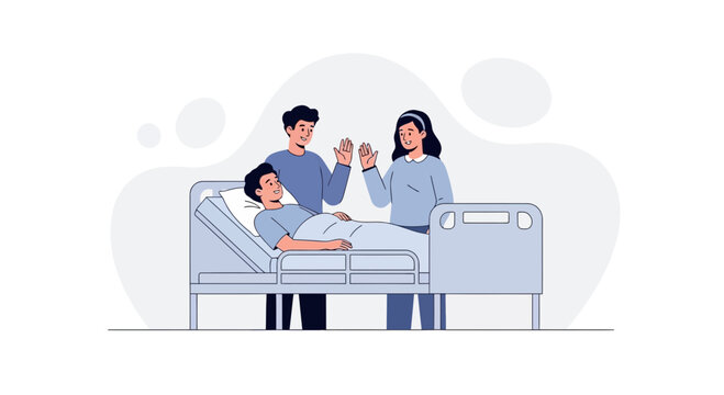Family visit to hospital patient, cheerful interaction
