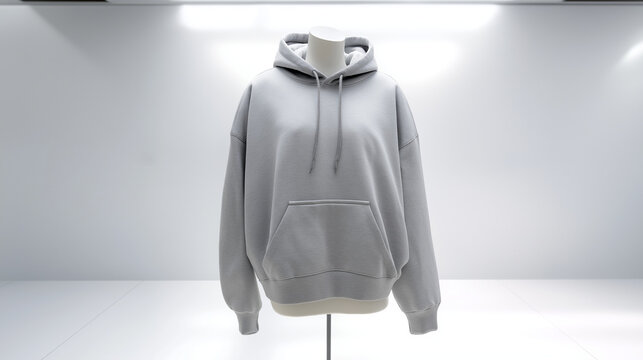 athleisure. Grey hoodie sweatshirt displayed on a simple mannequin. lifestyle magazines, social media lookbooks, designed for lifestyle magazines and social media content, used by PR specialists.