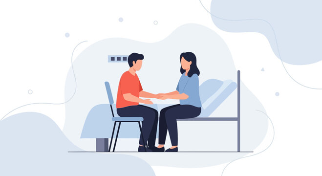 Supportive reassurance, patient care, supportive caregiver, hospital room illustration