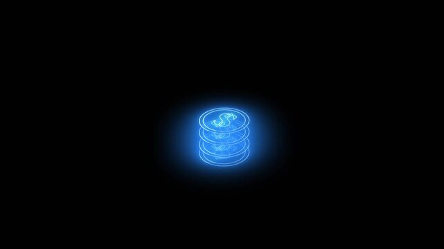 Dollar coin animation with blue neon. Dollar coin digital financial currency. Dollar coin business technology graphic on black background for banking.